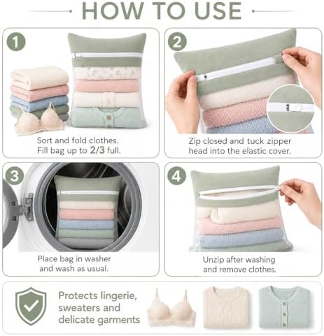 Green 5-piece set in bags, durable cotton mesh laundry bags, sturdy zipper, breathable mesh, delicate laundry bags, suitable for underwear, clothes, pants, and socks - Image 7