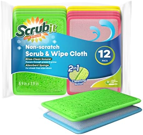 SCRUBIT - [12 Pack] Scrub and Wipe Cleaning Pads – Dual Sided Scouring Pad and Dish Sponge -Reusable Kitchen Sponge for Pots, Pans Utensils & Non-Stick Cookware - Assorted Color Dishwashing sponges by SCRUBIT