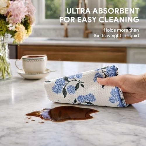 RECYCO Waffle Kitchen Towel Set of 2 - Quick Dry Microfiber Sustainable Dish Towels - Ultra Absorbent Reusable Cleaning Tea Towels - Lightweight Hand Towels,16”x 28”, Hydrangea Ball - Image 4