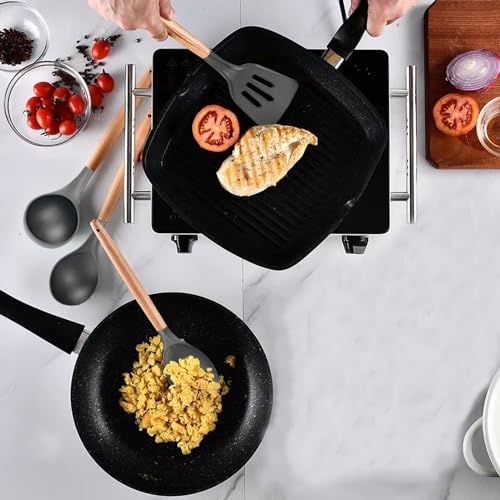 Non-Stick Silicone Cooking Utensils Set, 5 Pcs with Wooden Handle, Heat Resistant Silicone Kitchen Gadgets (Gray) - Image 2