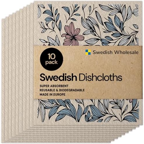 Swedish Wholesale Dishcloths Reusable 8" x 7" Sponge Cloths, Bulk 10 Pack of High Absorbent Cellulose Dish & Kitchen Cleaning Hand Towels, Wring to Dry & Machine Wash, Odor Resistant, Mini Flower by SwedishWholesale
