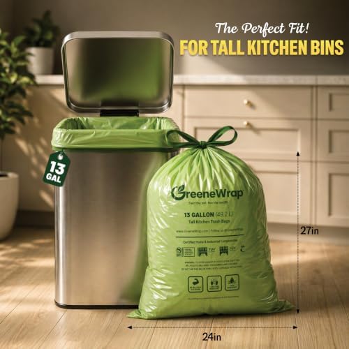 13 Gallon Compostable Trash Bags with Drawstring, 30 Count, 1 Mil, Tall Kitchen Food Scrap Compost Bags, BPI Certified, ASTM D6400, Compostable Garbage Bags, Unscented, 13 Gal - Image 5