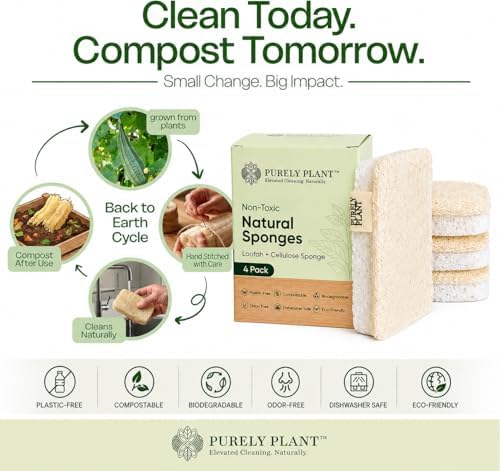 Purely Plant Loofah Dish Sponge 4 Pack– Non Toxic, 100% Plastic Free, Compostable,Loofah & Cellulose Premium Kitchen Scrubber,Biodegradable,Durable, Non-Scratch Scouring Luffa for Dishes, Sink&Tile - Image 5