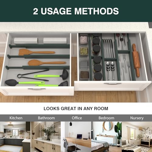 ANTOWIN Expandable Bamboo Drawer Dividers Organizers, Drawer Separators Splitter,17-22 inches Long Adjustable Spring-loaded Organizer for Large Utensil, Clothes, Tools(Dark Green) - Image 7