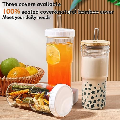 DWTS DANWEITESI Mason Jar with Lid and Straw,24 oz Iced Coffee Cup with Bamboo Lid and Straw,Boba Cups Smoothie Tumbler-Wide Mouth Reusable Glass Cups with Lid and Straws【4 Pack】 710ml - Image 2