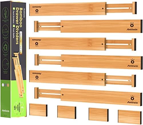 ANTOWIN Bamboo Drawer Dividers, Expandable Drawer Separators Splitter, 17-22 inches Adjustable Spring-loaded Organizer for Large Utensil, Clothes, Tools Drawers, 6 Pack Dividers + 4 Pack Baffle by ANTOWIN