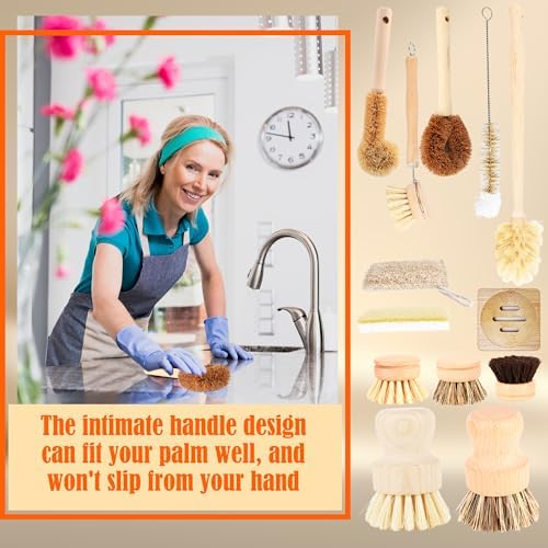 15 Pcs Bamboo Dish Brush Set with 65 Ft Hemp Rope Wooden Palm Pot Brush Sisal Bristles Natural Cup Scrubber Loofah Sponge Draining Tray for Pans, Bottle, Sink Kitchen Cleaning - Image 5