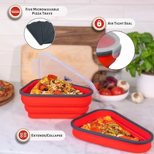 PIZZA PACK The Perfect Reusable Pizza Storage Container with 5 Microwavable Serving Trays - BPA-Free Adjustable Pizza Slice Container to Organize & Save Space, 4 Pack, Red - Image 6