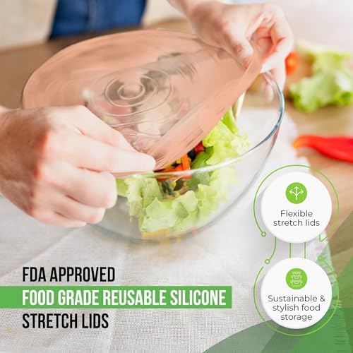 Reusable Silicone Stretch Lids for Food Storage in Fridge - Elastic Heat-Resistant Bowl Covers, Cups, Cans, Jars - Universal Food Grade Lid for Containers - 7 Pack - Apricot Stretchy Lid Set - Image 4