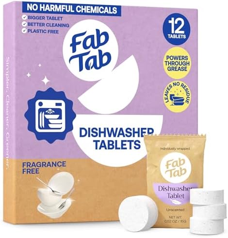 Fab Tab 100% Plastic-Free Dishwasher Detergent Tablets, 12ct, Free & Clear by FabTab