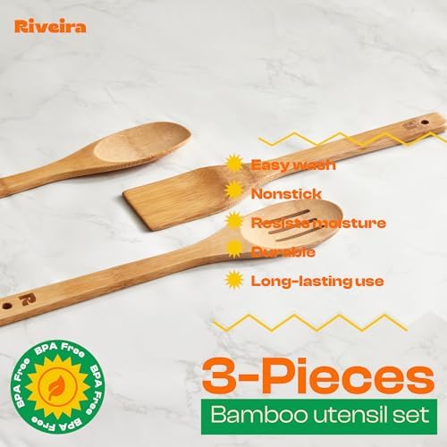 Riveira Dark Bamboo Wooden Spoons for Cooking 3-Piece, Apartment Essentials Wood Spatula Spoon Nonstick Kitchen Utensil Set Premium Quality Housewarming Gifts for Everyday Use - Image 4