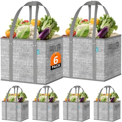 Fab totes Reusable Grocery Bags, Large Foldable Shopping Tote Bags with Reinforced Handles & Hard Bottom,6 Pack, Grey by Fabtotes