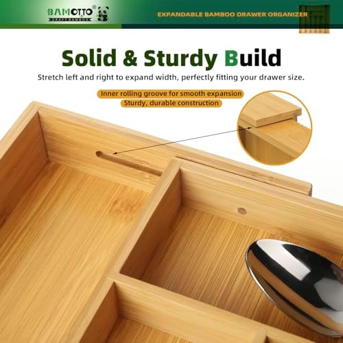 BAMOTTO CRAFTBAMBOO Expandable Bamboo Drawer Organizer for Kitchen, 8 Slot - Image 3