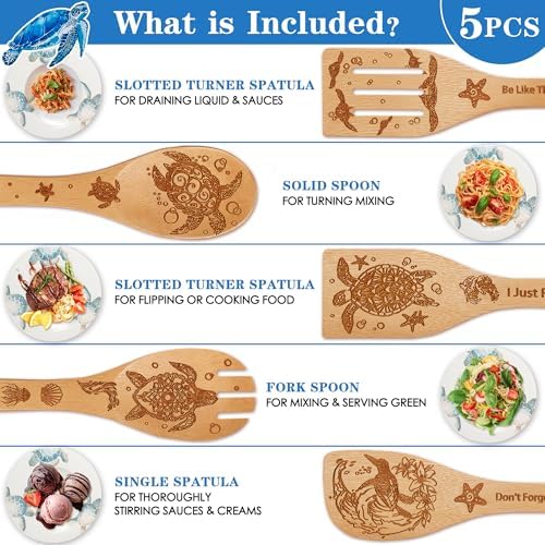 Sea Turtle Gifts for Women,6 PCS Turtles Wooden Bamboo Spoons Cooking Utensil Set for Kitchen Decor,Ocean Themed Stuff for Turtle Lovers,Mom,Men,Housewarming Gifts,Birthday,Easter,Mother's Day - Image 5