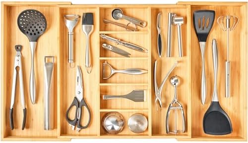 Umilife Extra Large Expandable Kitchen Drawer Organizer for Utensil and Junk, 19" Deep for Big Drawer, 19" to 33" Adjustable Bamboo Wood Drawer Divider, Cutlery Tray, Flatware Holder by Umilife