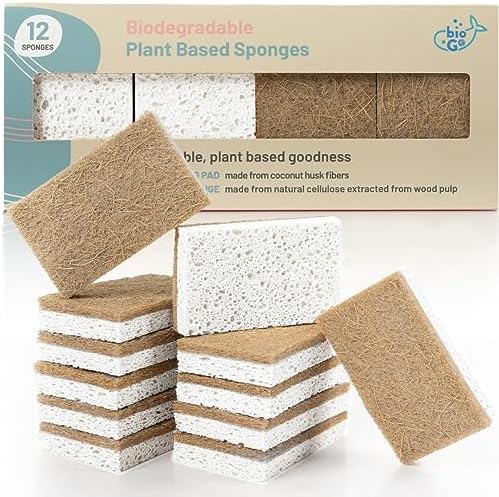 bioGo White 12 Pack Biodegradable Kitchen Sponge - Eco-Friendly, Compostable, Natural Cellulose Dish - Compostable - Biodegradable - Cellulose Sponges Kitchen by ThebioGoNation