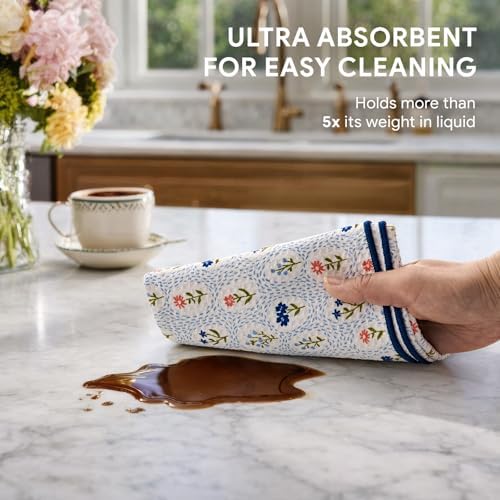RECYCO Waffle Kitchen Towel Set of 2 - Quick Dry Microfiber Sustainable Dish Towels - Ultra Absorbent Reusable Cleaning Tea Towels - Lightweight Hand Towels,16”x 28”, Bloom Tiles - Image 4