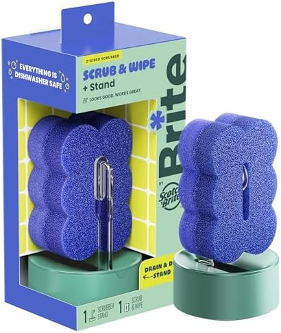 Brite by Scotch-Brite Scrub & Wipe with Drain + Dry Stand, Kitchen Sponge for Washing Dishes, 1 Scrub Sponge by Scotch-Brite
