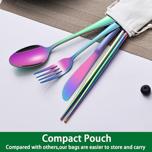 Rainbow Working Lunch Silveware Set,Reusable Travel Utensils Set With Case Includes Stainless Steel Chopsticks Knife Spoon And Fork,Camping Picnic Essentials - Image 4