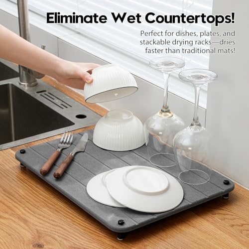 Razborci Stone Dish Drying Mat for Kitchen Counter, Water Absorbing Bathroom Tray Sink Organizer, Diatomaceous Earth Countertop Dish Rack Riser Sponge Holder Soap Dish, Dark Gray, 16" x 12" - Image 5