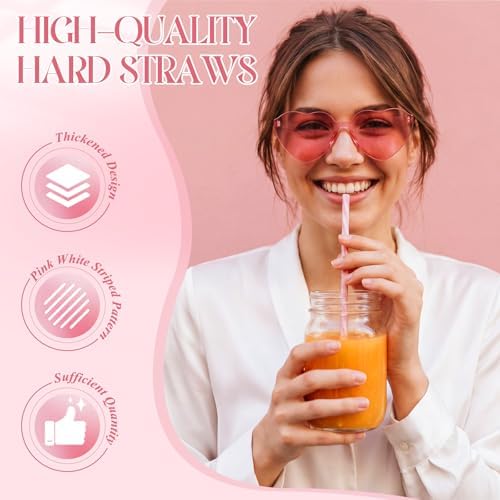 Honeydak 50 Pcs Reusable Plastic Straws Bulk,Pink and White Striped - Image 3