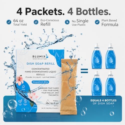 Dish Soap Refill Powder-to-Liquid Concentrate, Just Add Cool Water, Grapefruit Scent, 4 Packets Make 4 x 16 fl oz Bottles, Grease-Fighting, Plastic-Free (Grapefruit Scent) - Image 3