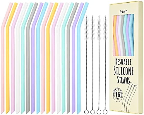 Reusable Silicone Drinking Straws, 16 Pcs Long Flexible Straws with 4 Cleaning Brushes for 20 and 30 oz Yeti/Rtic/Ozark Tumblers, BPA free, no Rubber Taste by VESKAOTY