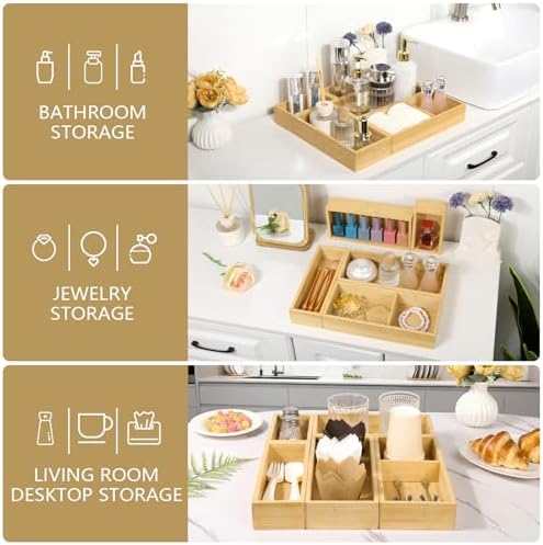 5 Pack Bamboo Drawer Organizer Set, Multi-Use Junk Drawer Organizer for Bathroom, Kitchen, Office, Jewelry, Makeup - Image 6