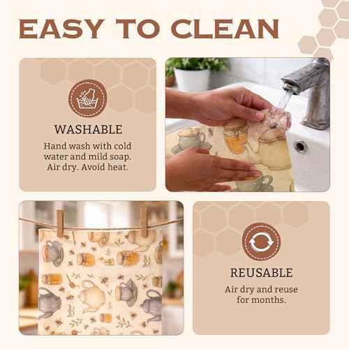 Reusable Beeswax Food Wrap Roll - Cut-to-Size 15 x 80 in, Eco-Friendly Food Storage Wrap, Bees & Tea Teapot Honey Jar Design - Image 4