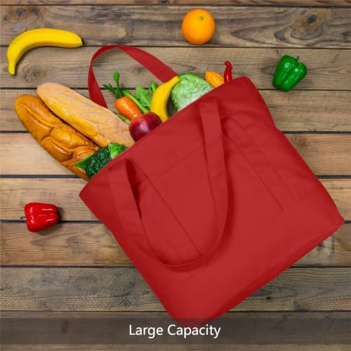 TOPDesign 3-Pack Canvas Tote Bags with an External Pocket, Reusable Grocery Shopping Bags, Top Zipper Closure, Daily Essentials (Red) - Image 3