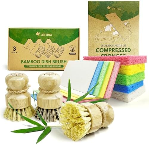 Bamboo Dish Brush Set of 3 and Biodegradable Cellulose Compressed Sponges Pack of 16-100% Plant-Based Cleaning Sponges and Kitchen Dish Brush Bamboo with Sisal and Coconut Bristles, 2 Brush Types by Airnex
