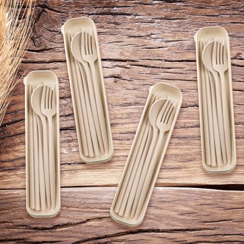 ELANE 4 Sets Reusable Travel Utensils Set with Case,Camping Cutlery Set Reusable Cutlery Set with Case,Utensil Sets for Lunch Picnic Daily Use Outdoor (beige) - Image 3