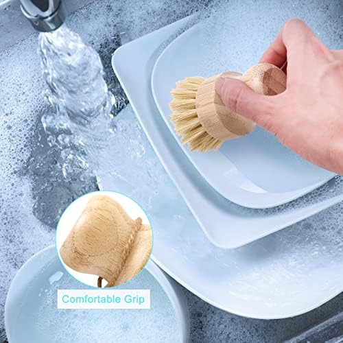 Bamboo Dish Brush Set, 4 Pcs Palm Wooden Dish Scrubber Brush, Dish Brushes, Durable Wood Dishes Scrub Brush, Natural Round Vegetable Cleaning Pots Pans Sink Washing Kitchen Brush by Aisuly - Image 4