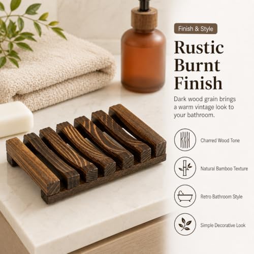 Bamboo Soap Dish for Bar Soap, Raised Wooden Holder with Drain Slots，Carbonized Pine Wood Soap Box - Image 4