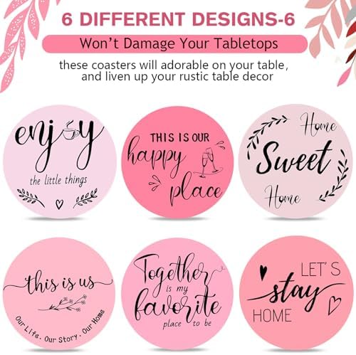 Queekay House Warming Gifts New Home Farmhouse Coasters Set of 6, Pink - Image 4