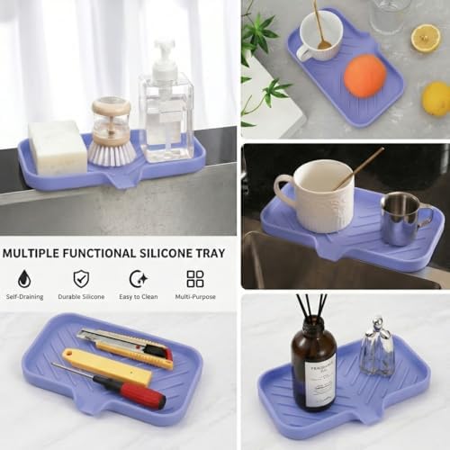 MicoYang Silicone Soap Dish with Drain Spout — Self-Draining Sink Organizer Tray for Bathroom & Kitchen, Sponges, Dispensers & Soap Holder, Non-Slip & Dishwasher Safe, Light Purple (Medium, 9.6"×5.3") - Image 5
