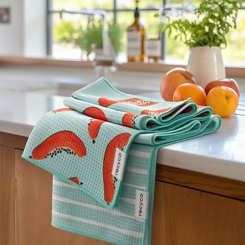 RECYCO Waffle Kitchen Towel Set of 2 - Quick Dry Microfiber Sustainable Dish Towels - Ultra Absorbent Reusable Cleaning Tea Towels - Lightweight Hand Towels,16”x 28”, Papaya Joy by RECYCOHOMECOLLECTION