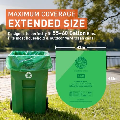 55-60 Gallon Compostable Trash Bags Liners, Heavy Duty Extra Thick 1.57 Mil, 208.2 Liter, 15 Bags, Lawn, Yard, and Restaurant Use, ASTM D6400, US BPI, OK Compost Home Certified - Image 5