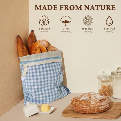 BRONYPRO Reusable Beeswax and Linen Bread Bags with Zipper, 2-Pack Waxed Bread Bags for Homemade Bread & Sourdough, Sustainable Loaf Storage to Lock in Freshness, Large 17x12.6in, Blue Gingham - Image 2