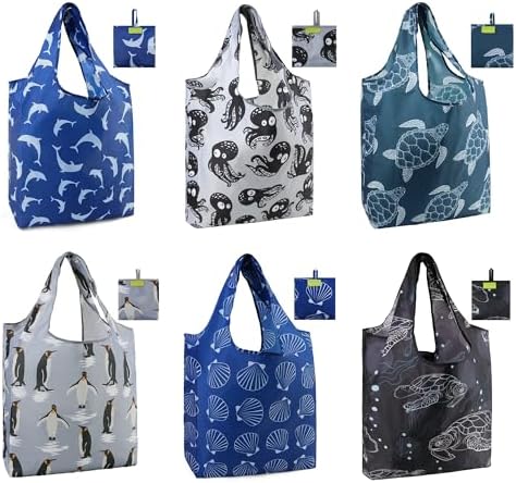 BeeGreen Animal Reusable Shopping Bags Cute Grocery Bag 6 Pack, Christmas Gift Bags Heavy-Duty Foldable Shopping Totes for Supermarket, Work & Travel, Large Washable Polyester Tote Bag with Handles by BeeGreen