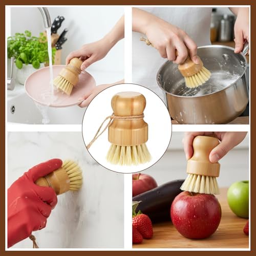 12 Pack Bamboo Dish Scrub Brushes Kitchen Dishwashing Scrubber Vegetable Brush with Hanging Rope Wooden Natural Sisal Bristles Cleaning Brush for Iron Pot Pan Sink - Image 3