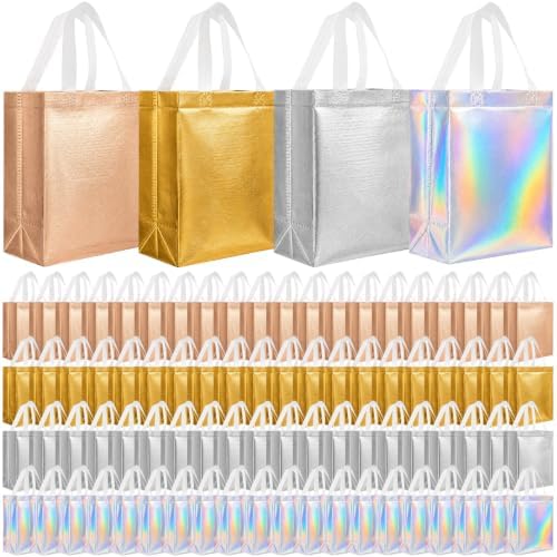 Eccliy 80 Pcs Reusable Gift Bags Set Glossy Grocery Gift Tote Bag with Handle for Wedding, Back to School, Halloween, Summer Party (10 x 8 x 4.7 Inch,Gold,Silver,Rose Gold,Holographic) by Eccliy