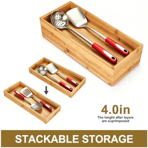 Kitchen Bamboo Drawer Organizer Set of 2, Large Wide Stackable Drawer Organizer for Silverware, Utensils, Cutlery, Flatware, Junk Drawer, Dresser, Bathroom, 17" x 6" x 2" - Image 6