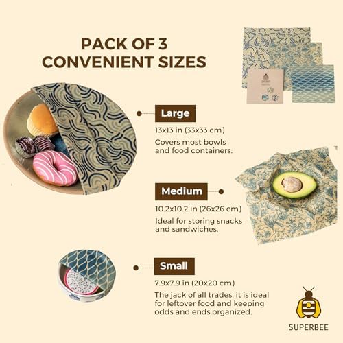 SuperBee Beeswax Wraps Set of 3 Reusable Food Wrap Bees Wrap Paper Ocean - Image 3