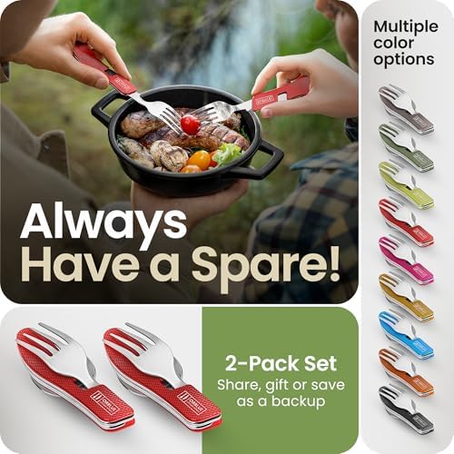 Orblue 4-in-1 Camping Eating Utensils, 2-Pack - Portable Spoon, Fork, Knife & Bottle Opener Combo Set - Stainless Steel Flatware with Detachable Fork - Travel, Backpacking Cutlery Multitool, Red - Image 6