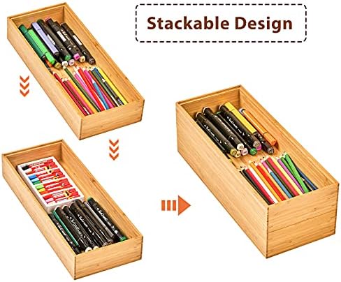 Umilife Bamboo Kitchen Drawer Organizer Boxes with Anti-Skid Silicone Feet, 2pcs Stackable Storage Bins for Kitchen Utensils & Silverware & Desk Drawer & Makeup, Tools Holder, 15”L x 6”W x 2.5”D Each - Image 5