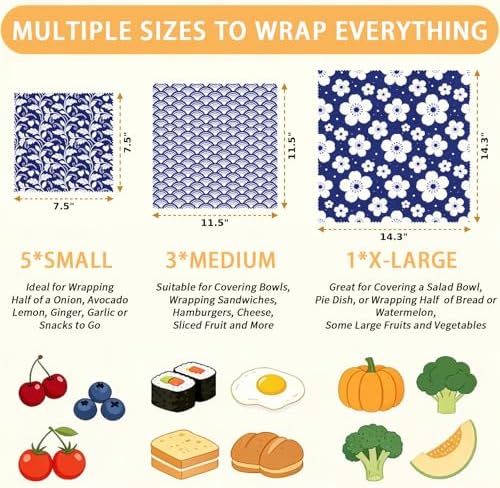 Reusable Beeswax Wraps, Indigo Blue Floral Wave and Leaf Wraps, 9 Pack Sandwich Bowl Bread Food Storage, Organic Sustainable Zero Waste Plastic-Free, 1XL, 3M, 5S - Image 2