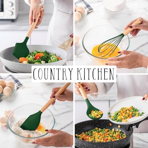 Country Kitchen Non Stick Silicone Utensil Set with Rounded Wood Handles for Cooking and Baking, 14 Piece Set, Green - Image 5