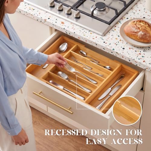 Bamboo Silverware Organizer, Expandable Bamboo Kitchen Drawer Cutlery Organizer, 18.5"x13.3" Flatware Organizer Tray, Utensil Holder - Image 3