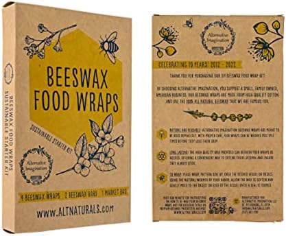 7 Pc Beeswax Wraps for Food Snacks, Sandwich, Bread - Reusable Eco Friendly Kitchen Storage and Zero Waste - 4 Wraps, 2 Beeswax Bars and Cotton Mesh Market Bag - Alternative Imagination - Image 5